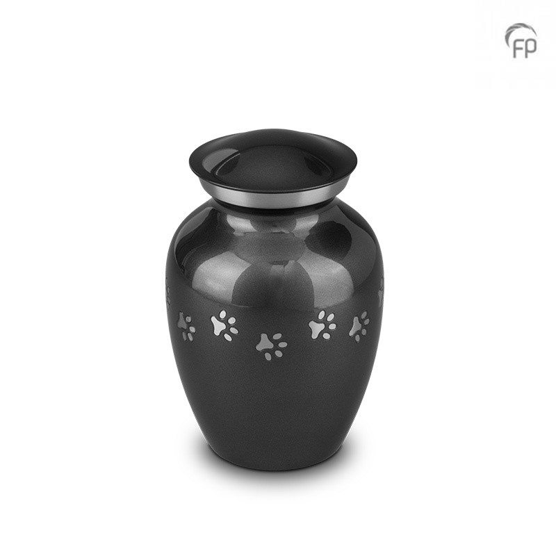 Middelgrote Metalen Dierenurn 'Pootafdrukjes' Zwart/Grijs Middelgrote Metalen Dierenurn 'Pootafdrukjes' Zwart/Grijs