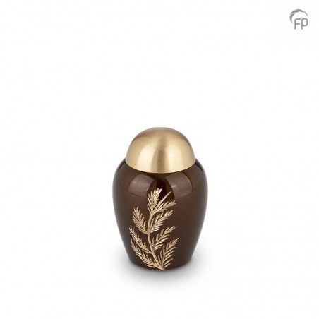 Messing Mini Urn Bruin met Goudkleurige Blad Gravure