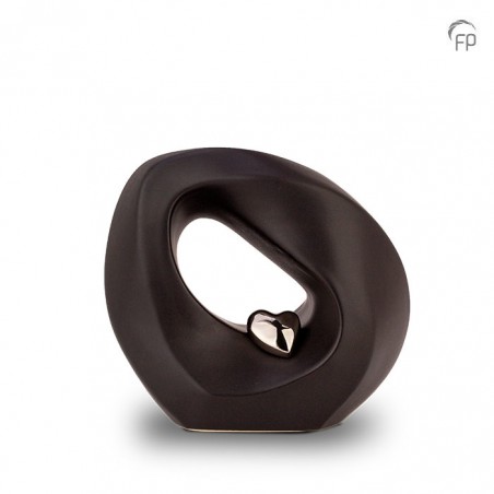 Kleine Keramische Urn 'Mastaba' Zwart Met Zilverkleurig Hartje