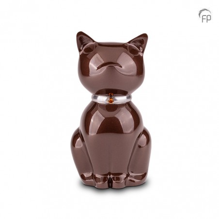 Metalen Dierenurn 'Nuna' Kat Bruin met Steentje