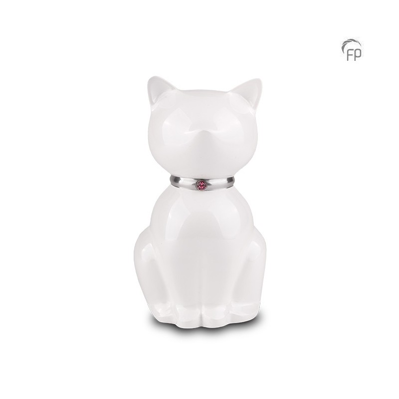 Metalen Dierenurn 'Nuna' Kat Wit met Steentje Metalen Dierenurn 'Nuna' Kat Wit met Steentje