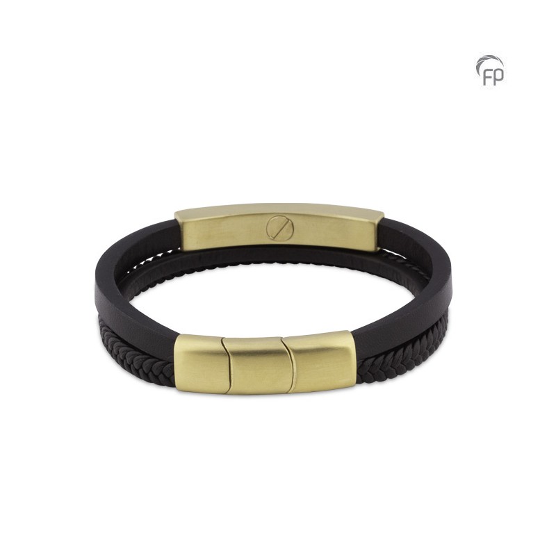 Leren Gevlochten 'Memory of a Lifetime' Armband Zwart Goudkleurig RVS