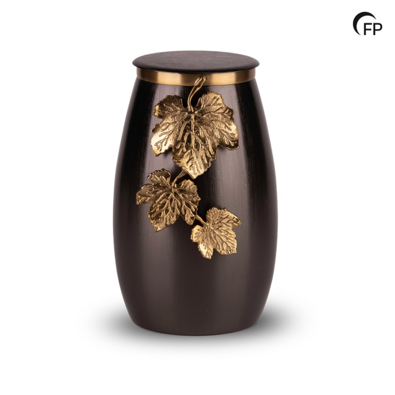 Grote Metalen Urn Eternal Bloom Antracietgrijs met Goudkleurig bladmotief